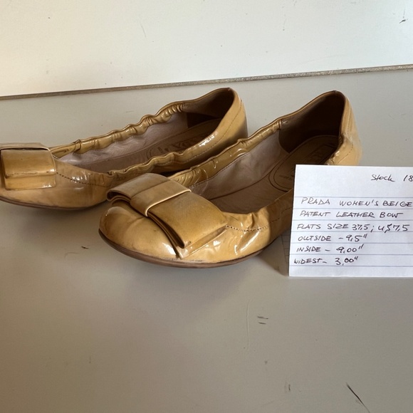 Prada Women's Beige Patent Leather Bow Flats Size 37.5 w/ COA - Picture 3 of 13